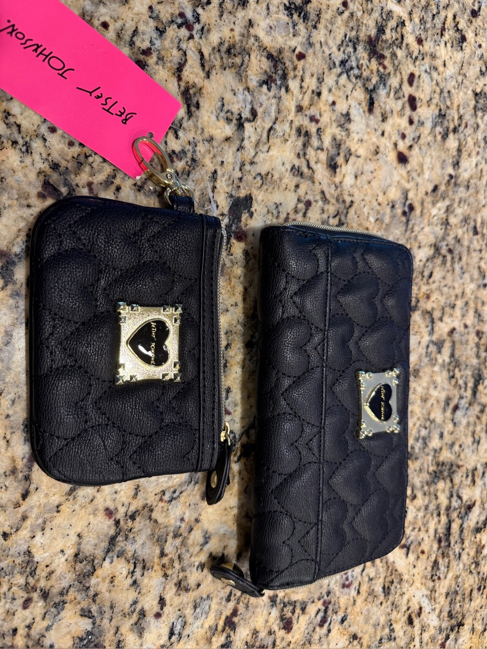 Betsey Johnson Black Quilted Heart Wallet & Coin Pouch Set with Gold Plaques